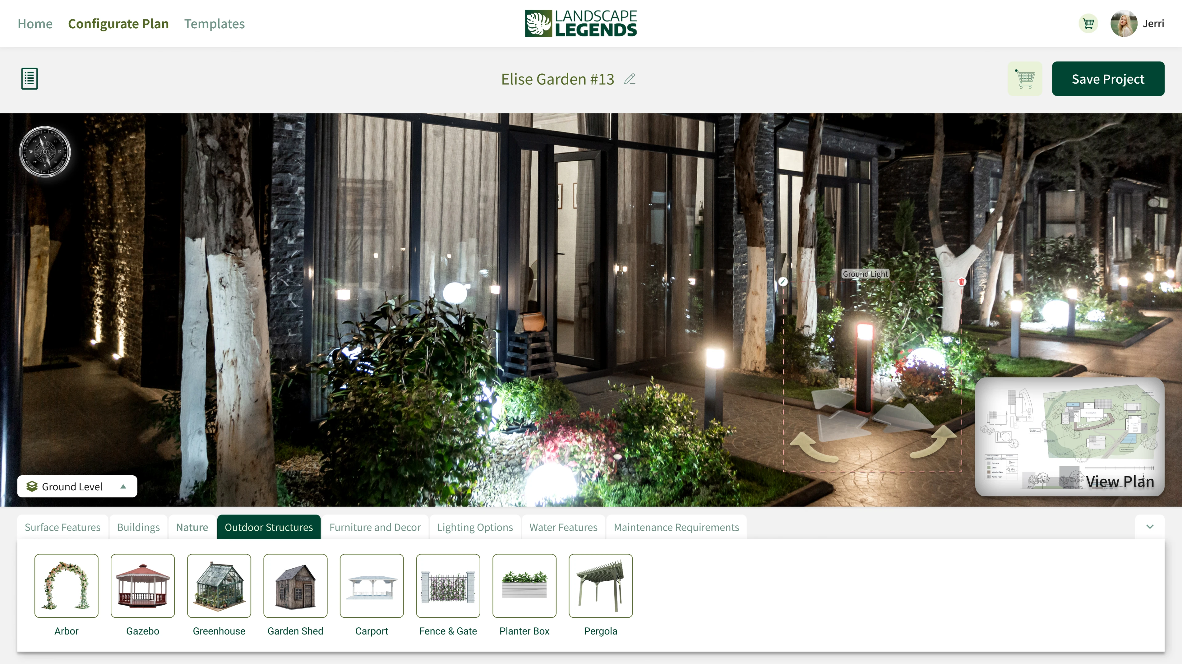 Garden project in 3D landscape configurator, installation of elements