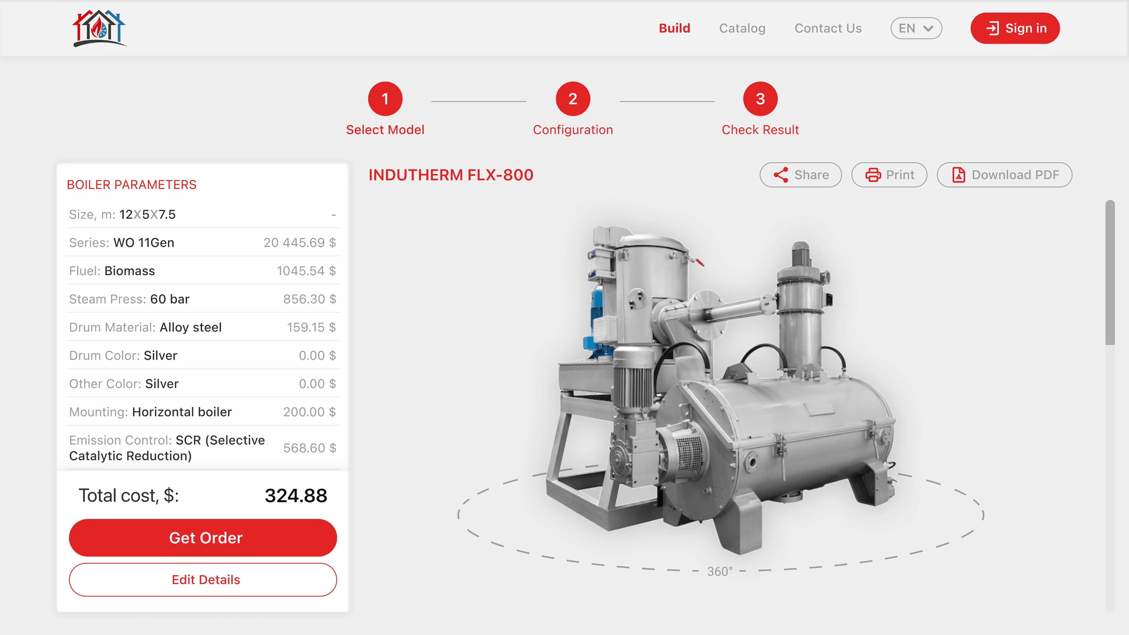 Calculating the cost and show 3D preview of a finished personalized industrial boiler model in a professional online configurator for business
