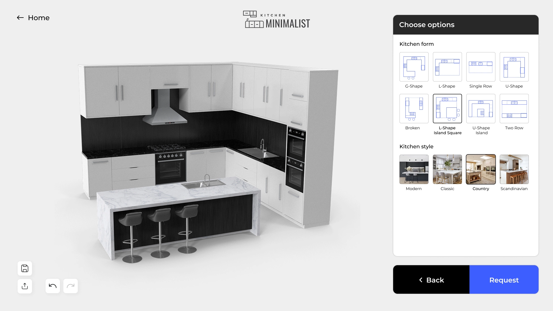 Modern 3D kitchen configurator with the ability to choose different models and styles